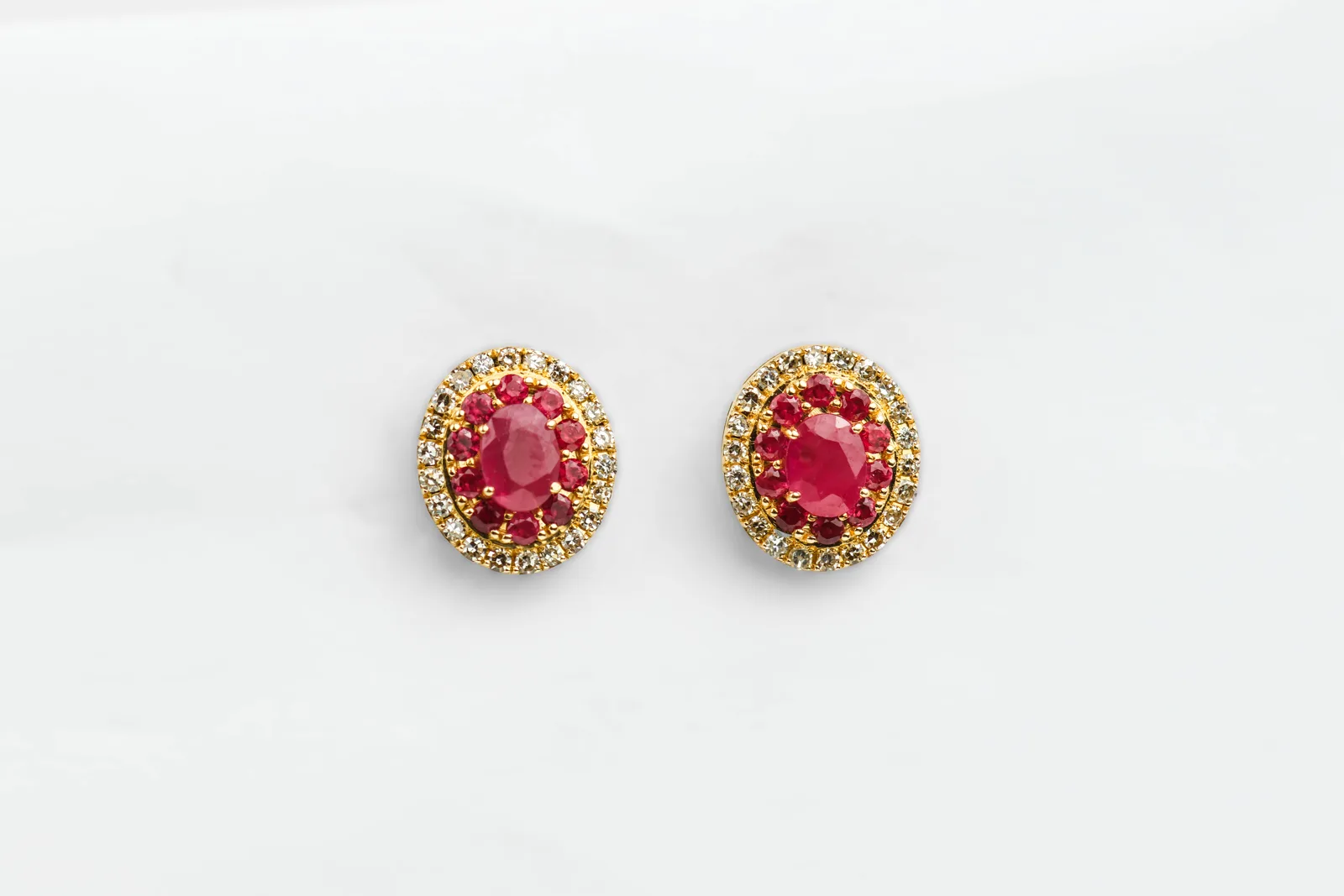 Ruby Stud Double Halo Earrings in 14ct Yellow Gold