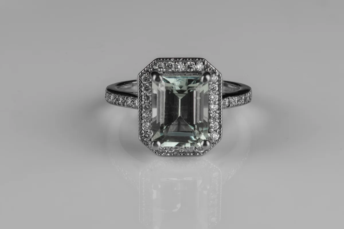Aquamarine & Diamond Halo Ring in 14ct White Gold