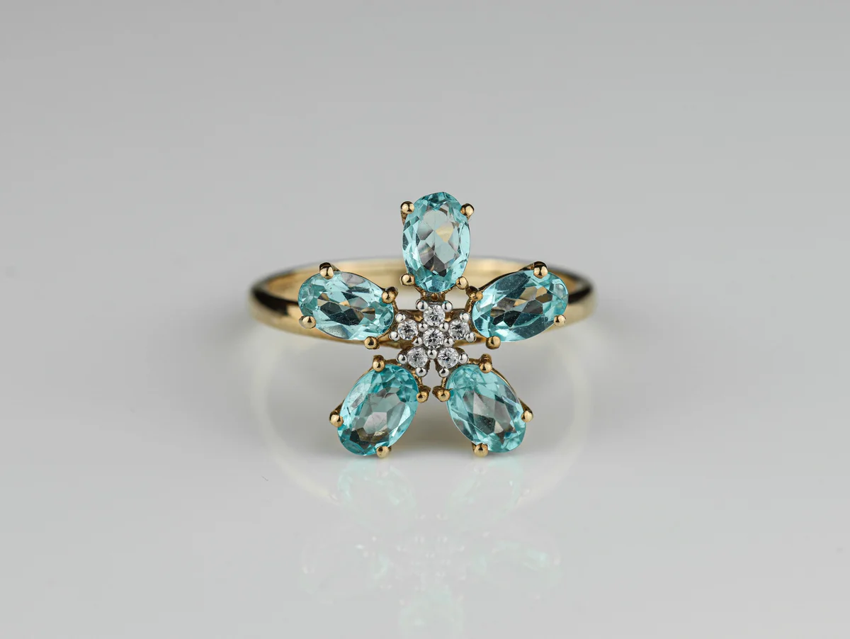 Blue Zircon & Diamond Floral Cluster Ring in 9ct Yellow Gold