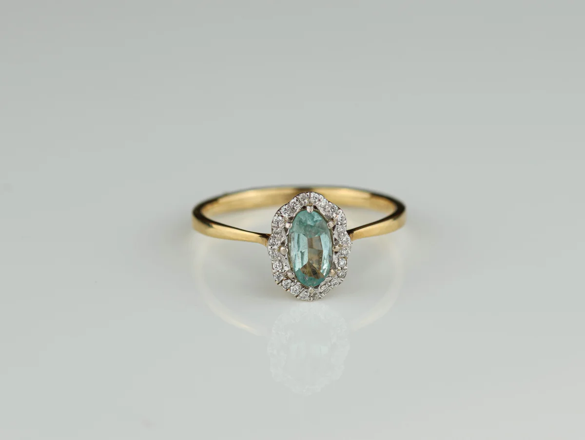 Aquamarine & Diamond Halo Ring in 18ct Yellow Gold