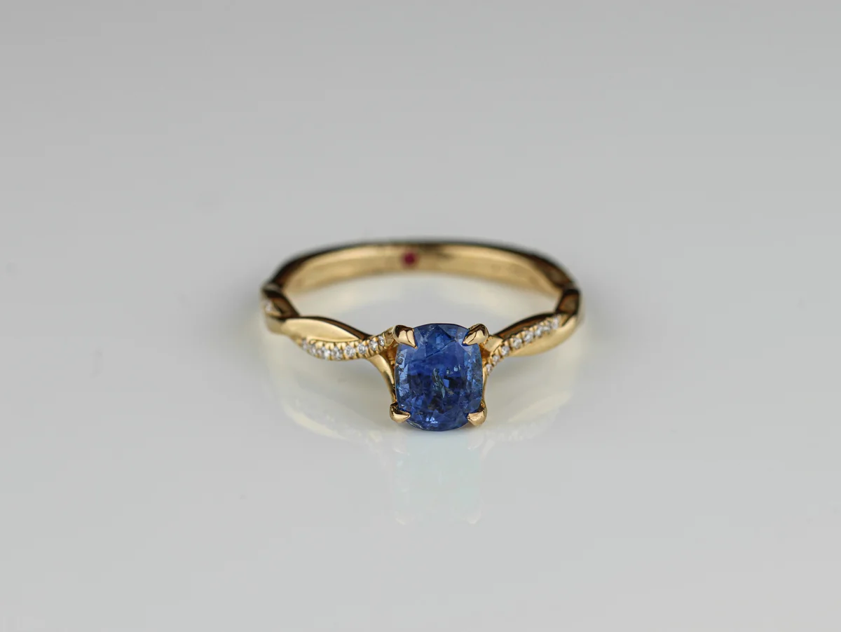 Cushion Cut Sapphire & Diamond Shoulder Set Ring in 18ct Yellow Gold