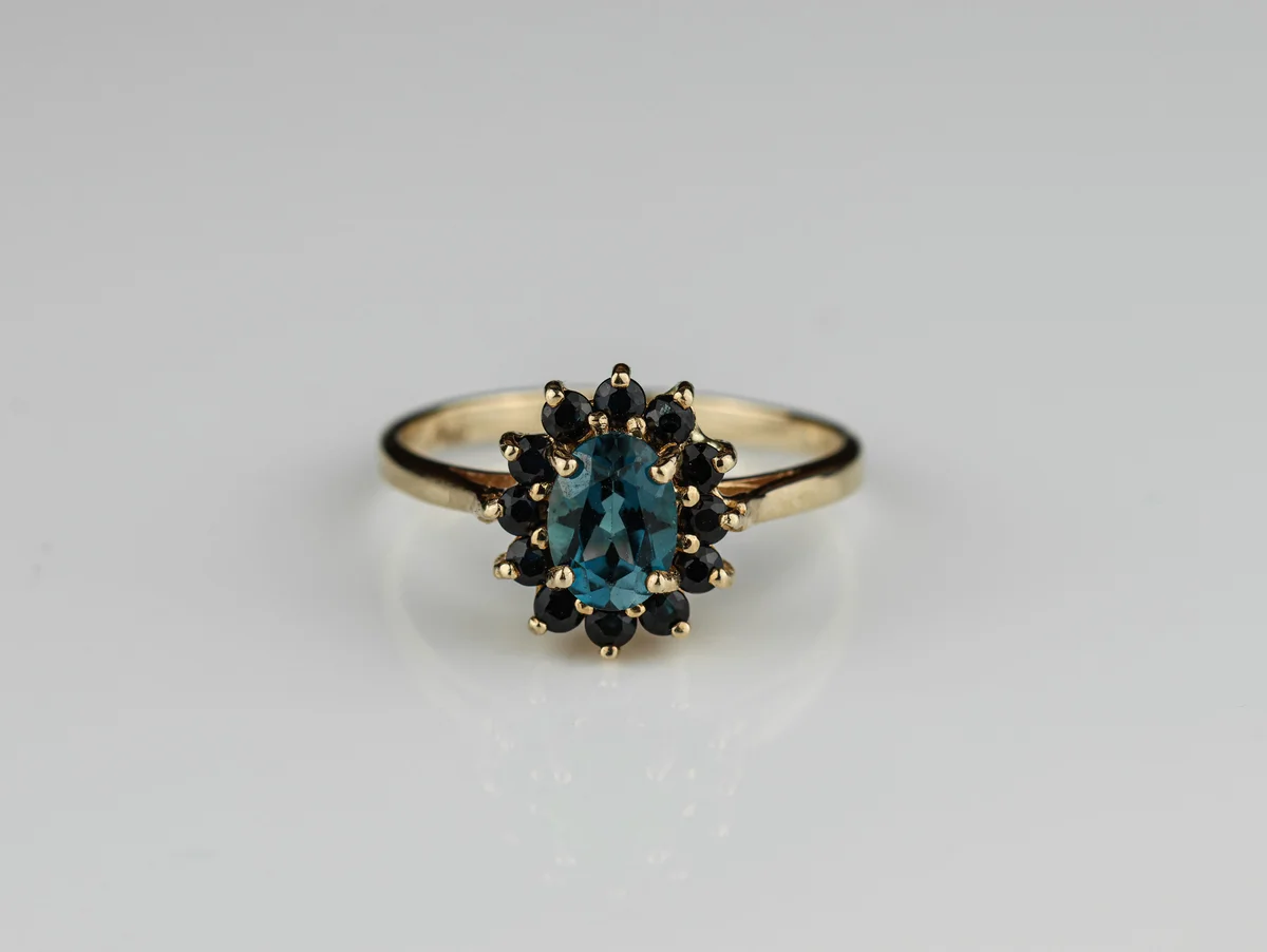 Vintage London Topaz & Sapphire Halo Ring in 9ct Yellow Gold