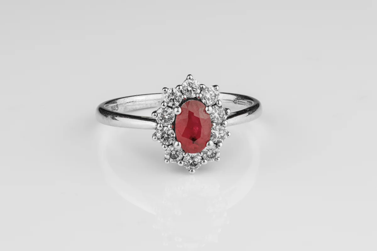 Ruby Halo Ring in 9ct White Gold