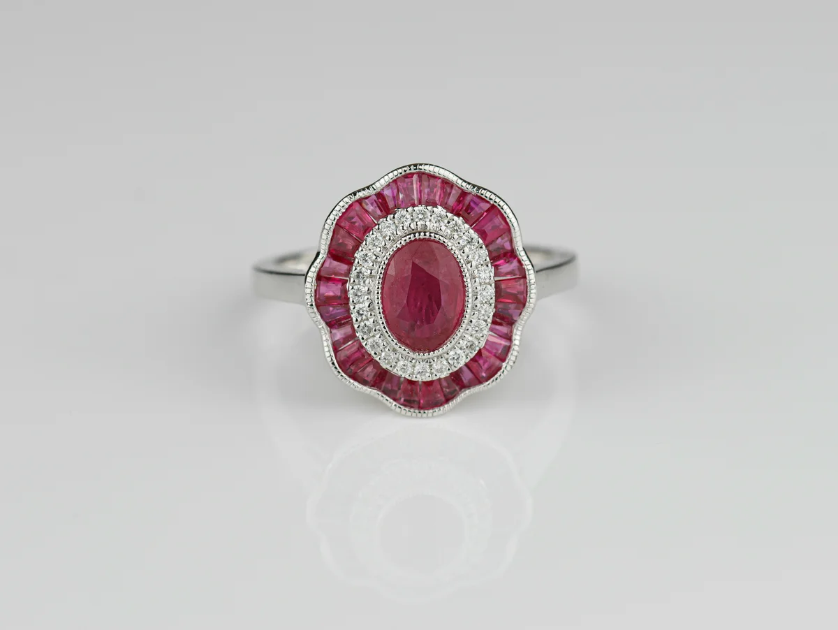 Ruby Halo Ring in 18ct White Gold