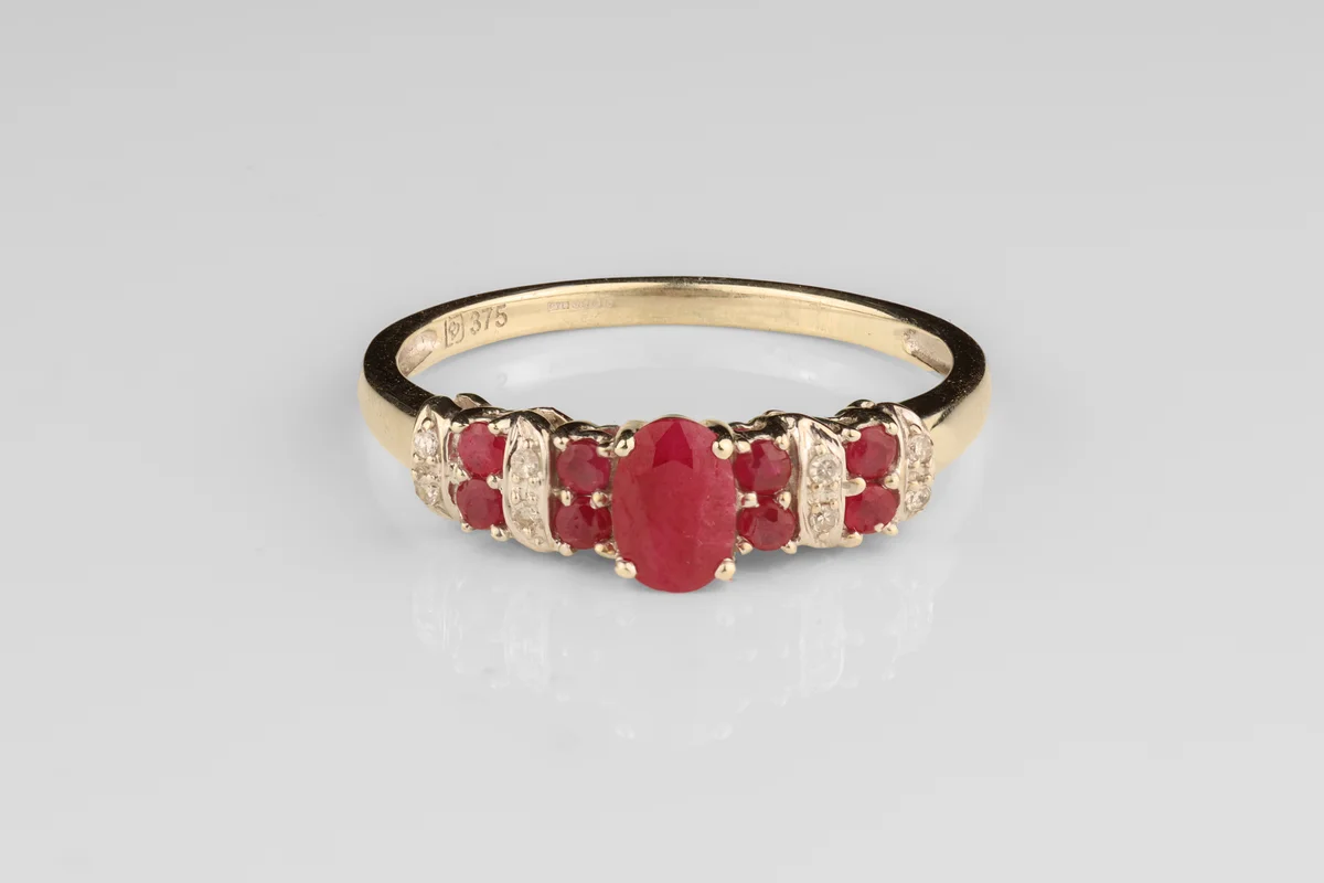 Ruby Shoulder Set Ring in 9ct Yellow Gold