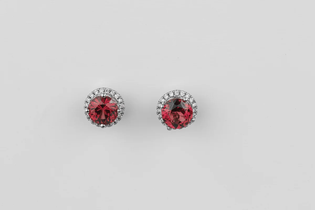 Rhodalite Stud Halo Earrings in Platinum