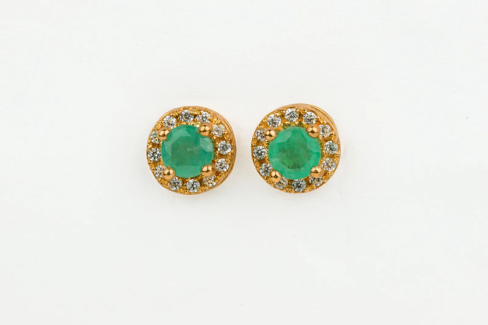 Emerald Stud Halo Earrings in 9ct Yellow Gold