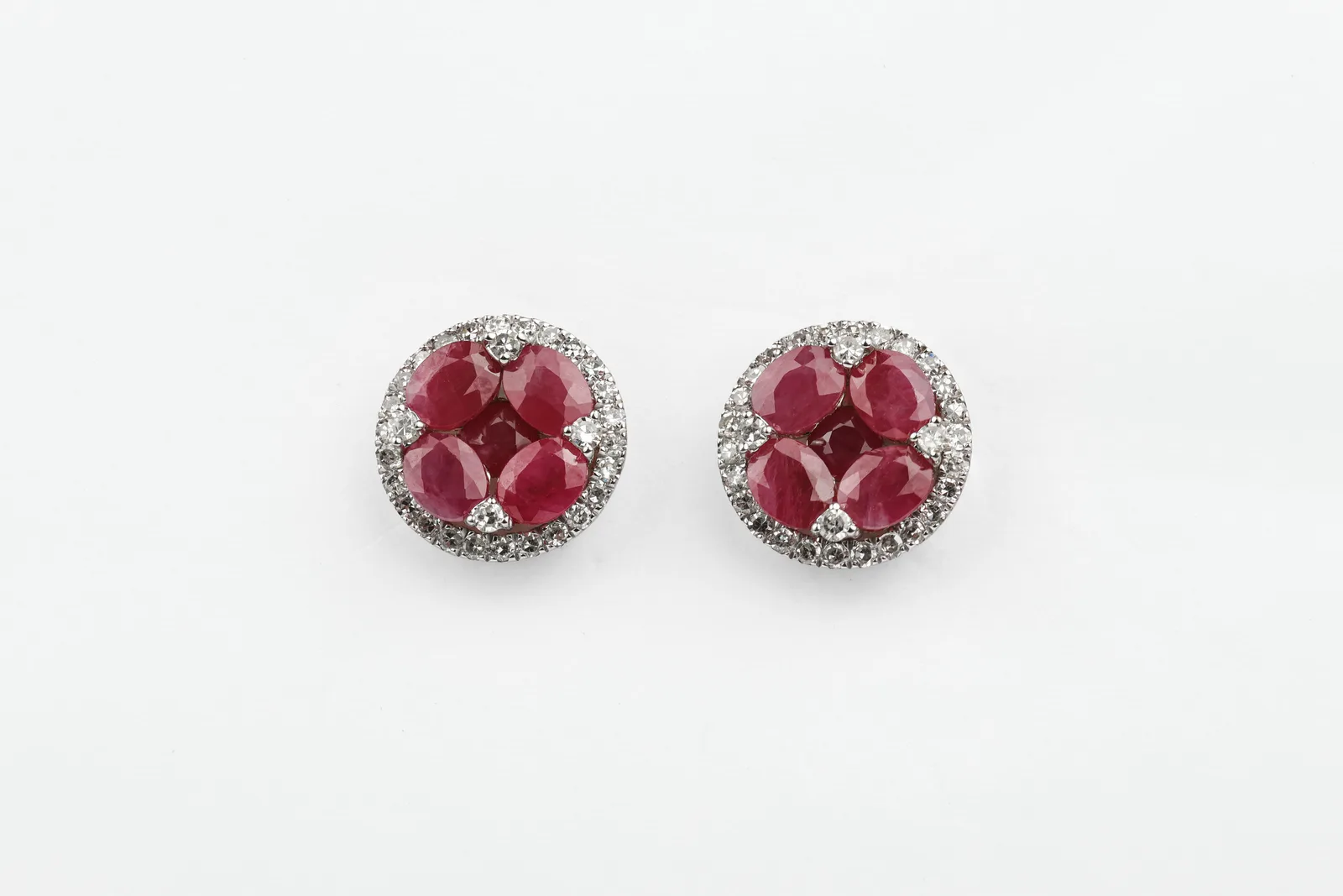 Ruby Stud Cluster Halo Earrings in 14ct Yellow Gold