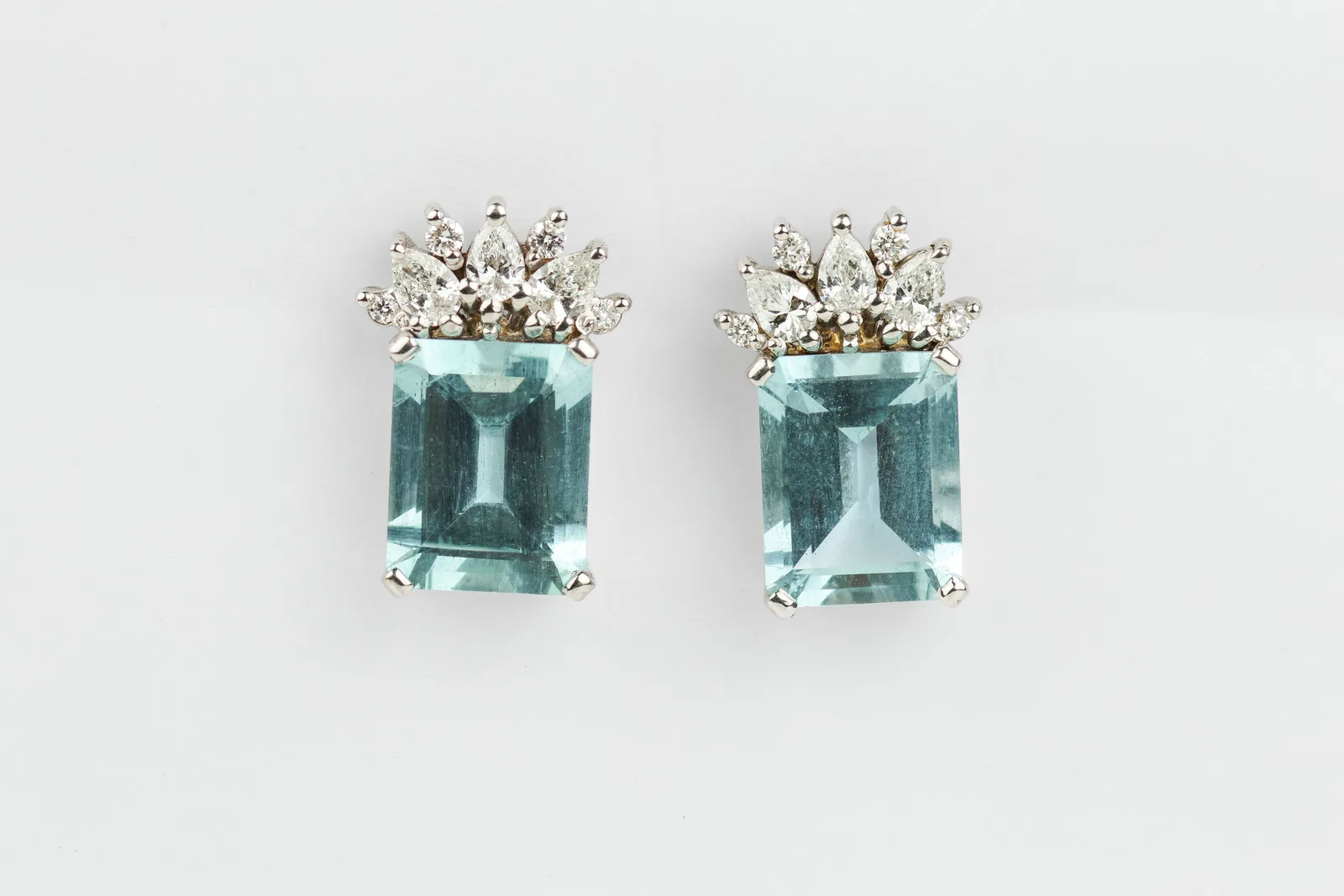 Aquamarine Crown Design Contemporary Earrings in 18ct White Gold