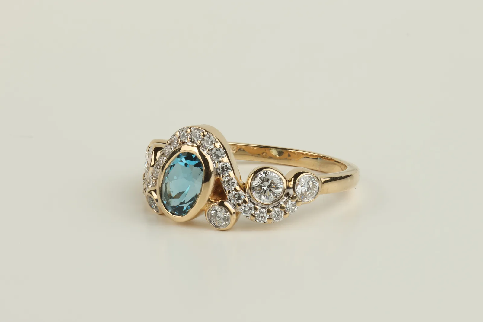 Blue Zircon Shoulder Set Ring in 18ct Yellow Gold — view 2