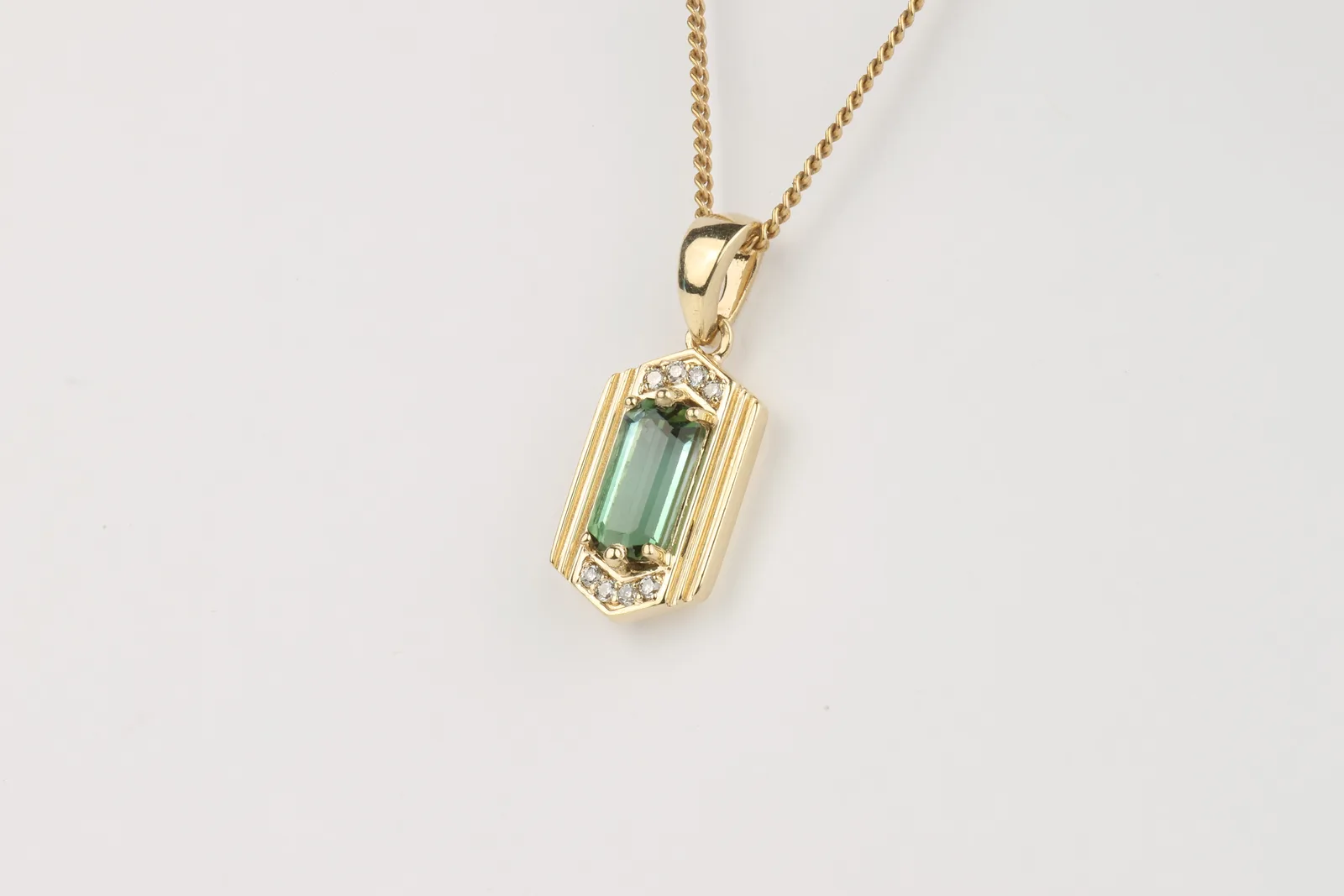 Green Tourmaline & Lab Diamond Pendant in 9ct Yellow Gold — view 2