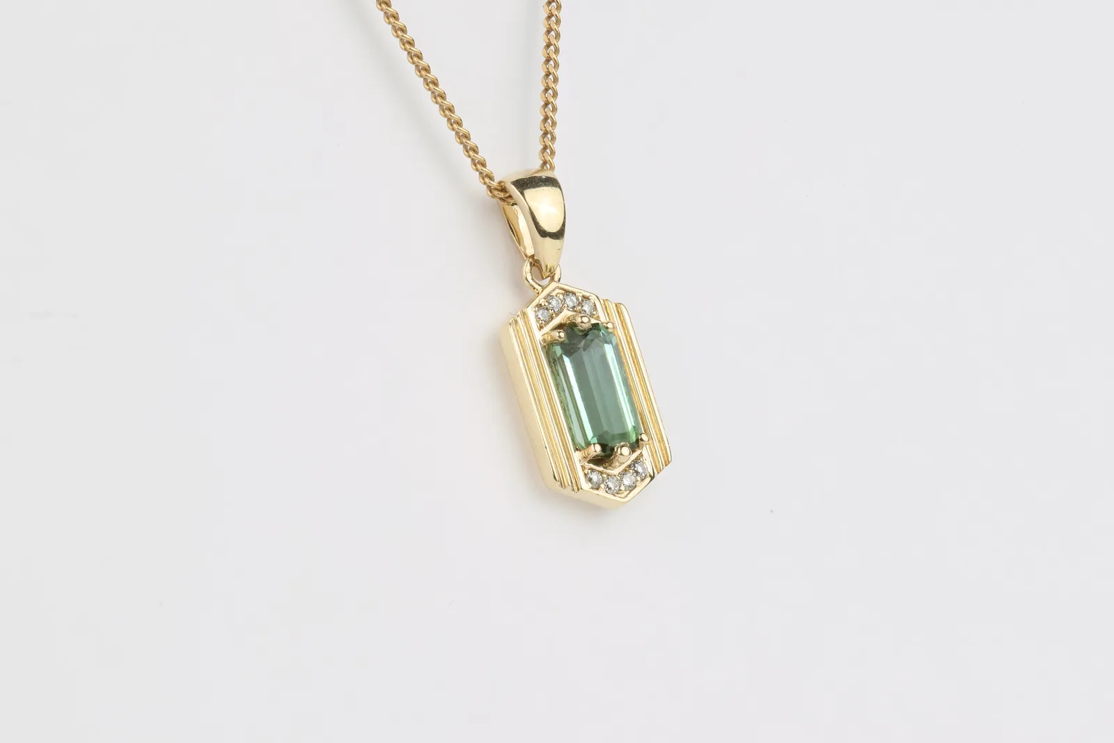 Green Tourmaline & Lab Diamond Pendant in 9ct Yellow Gold — view 3