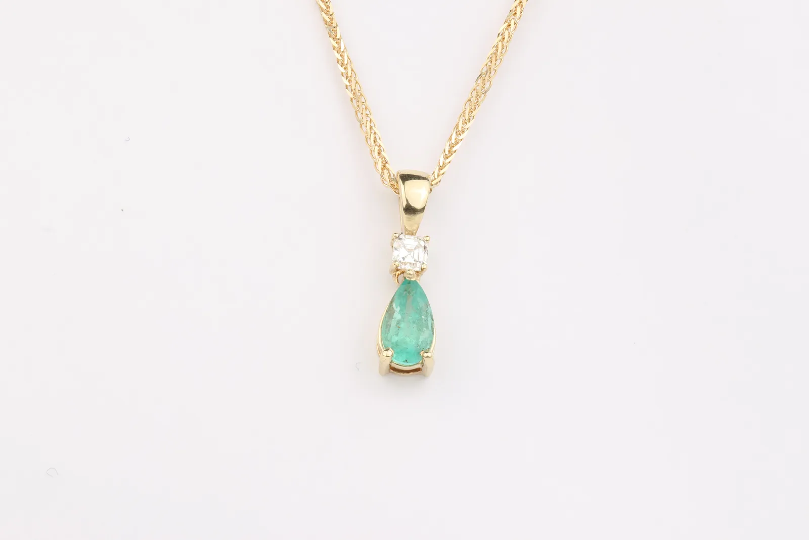 Emerald & Diamond Drop Pendant in 9ct Yellow Gold