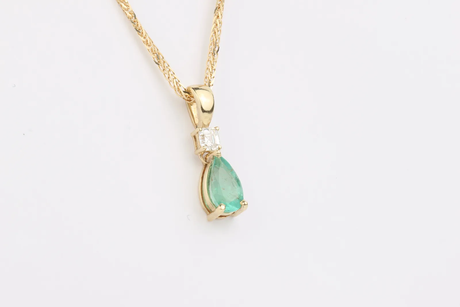 Emerald & Diamond Drop Pendant in 9ct Yellow Gold — view 2