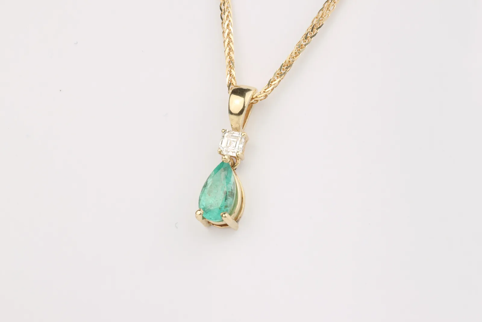 Emerald & Diamond Drop Pendant in 9ct Yellow Gold — view 3